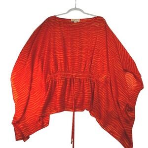 Michael Kors L/XL Red Orange Zebra Print Sheer Tie‎ Waist Tunic Top Blouse